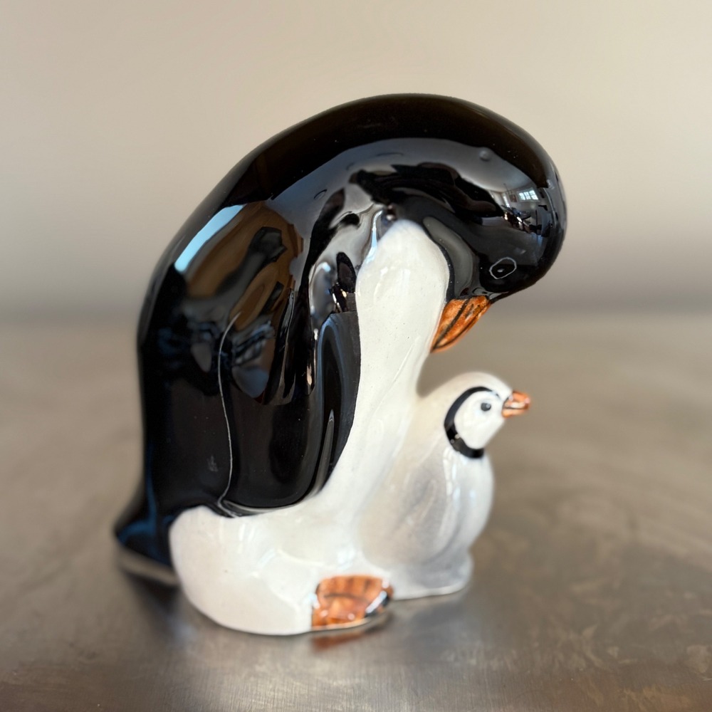 Unique Ceramic Penguin Mother and Baby Figurine Hand‎ Painted Mexico